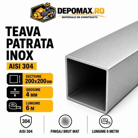 Teava patrata inox AISI 304, 200 x 200 x 4 mm, 6 metri